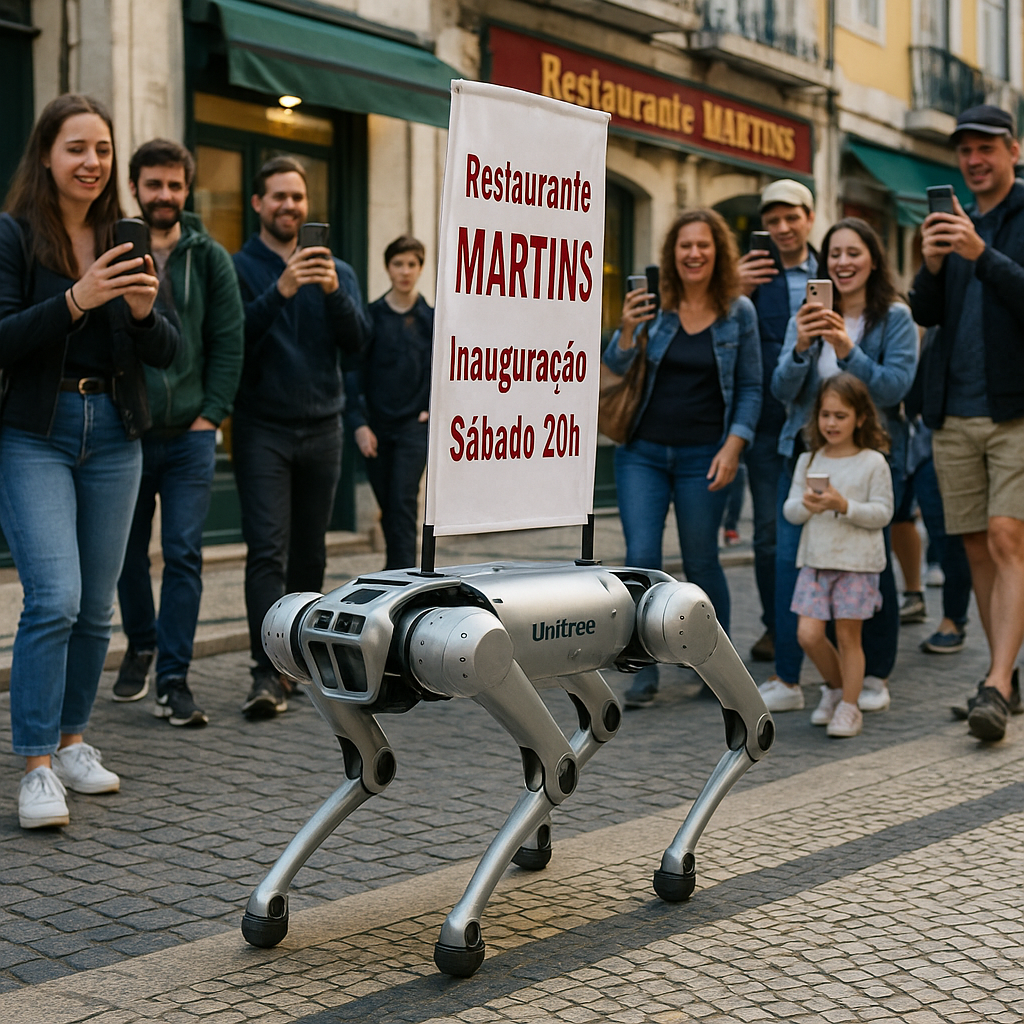 Robô Unitree promovendo inauguração de restaurante com multidão de pessoas tirando fotos