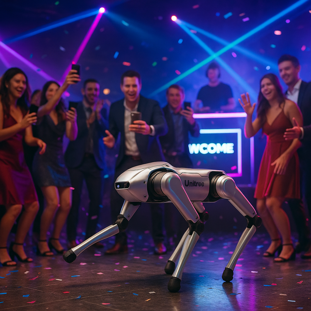 Robô Unitree animando festa com luzes coloridas, confetes e convidados se divertindo