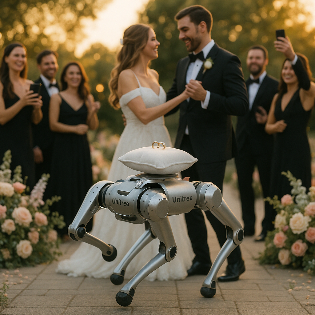 Robô Unitree entregando alianças de casamento com noivos ao fundo durante cerimónia